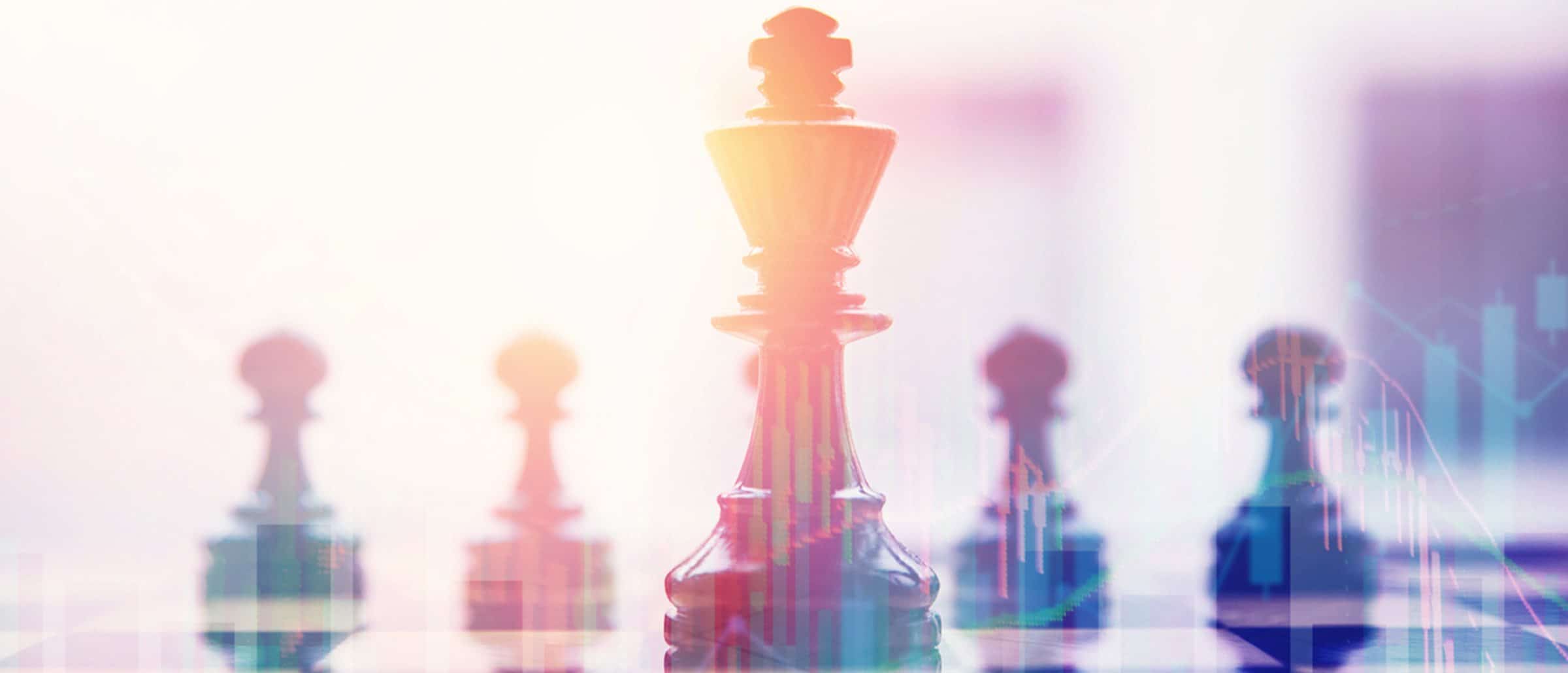 Row of chess pieces with bigger piece in middle, abstract data figures across